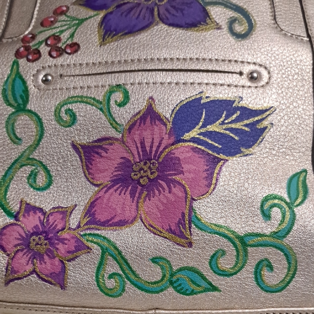 Hand Painted Gold Satchel Purse Bag with Floral Design - Picture 5 of 17